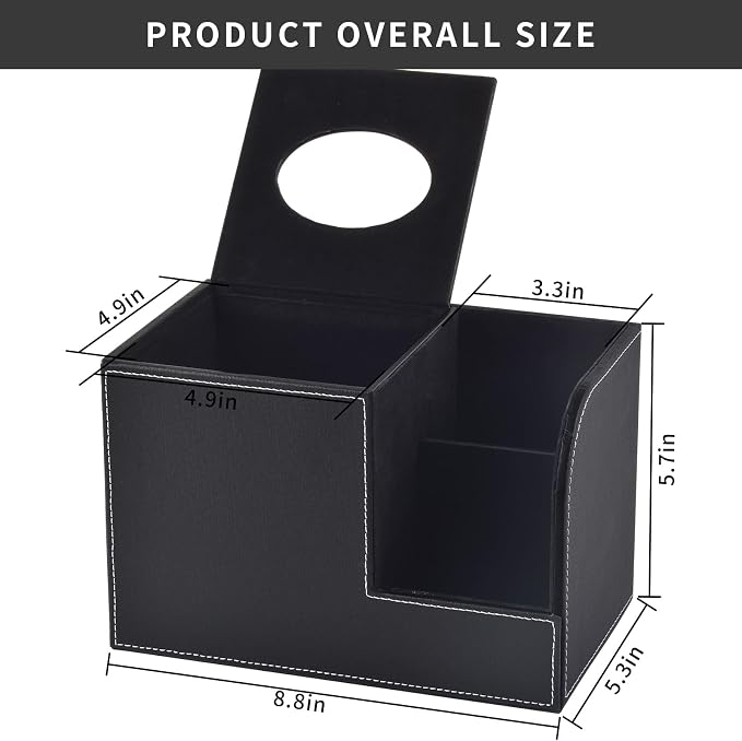 PU Leather Tissue Box Cover with Storage Square-Multifunctional Tissue Holder,Remote Control Holder,Decorative Tissues Boxes Organizer,Home Office Desktop Storage box,Black