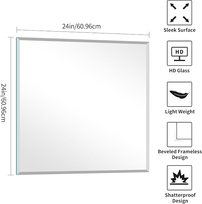 KOCUUY Beveled Mirror, 24x24 Inch Frameless Bathroom Mirror for Over Sink, Upgraded Shatterproof Unframed Mirror for Bathroom, Bedroom, Hang Horizontal/Vertical