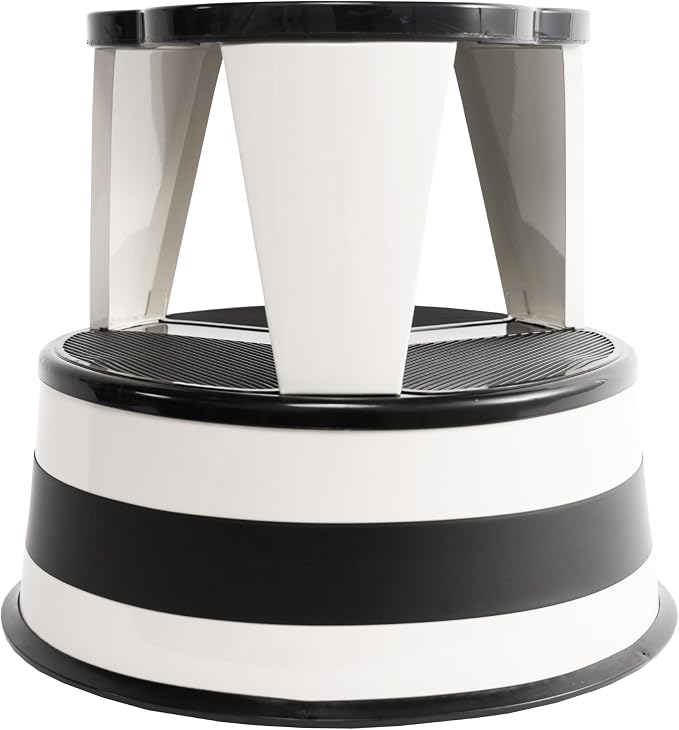 Round Step Stool for Kitchens, Cramer Kik-Step Heavy Duty Rolling Steel Stool, Non-Slip, Holds 350 lbs (White)
