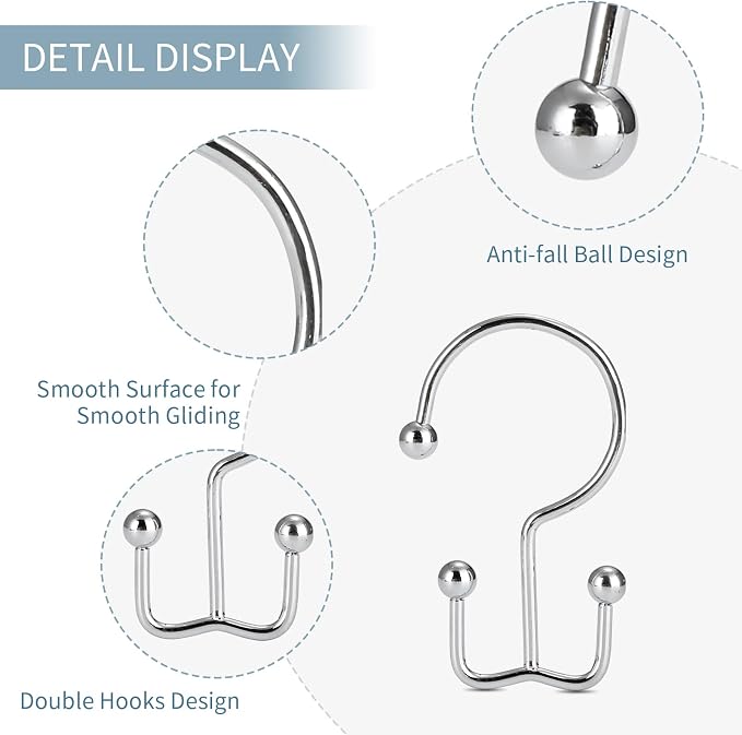 Shower Curtain Hooks, 12 Pcs Shower Curtain Rings, Durable Rust Proof Silver Shower Curtain Hooks, Shower Rings for Curtain, Double Glide Shower Hooks for Shower Curtain Rods, Chrome