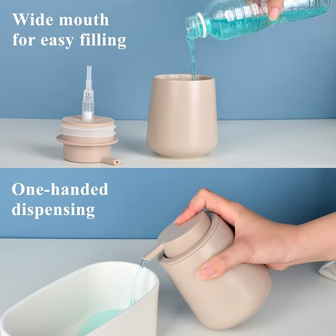 BosilunLife Ceramic Soap Dispenser - Dish Soap Dispenser for Bathroom 12Oz | Refillable Liquid Hand Wash Dispenser for Essential Oil, Lotion Soap, Khaki
