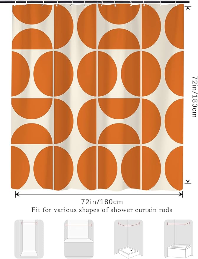 Orange Mid Century Modern Shower Curtain, Retro Geometric Abstract Shower Curtains for Bathroom‌, Boho Unique Pattern Waterproof Polyester Fabric Bathroom Accessories Set 12 Hooks 72X72IN