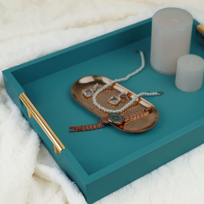Wooden Decorative Coffee Table Tray, 16" Serving Tray with Handles, Matte Finish Decorative Tray, Ottoman Tray for Living Room, Perfume, Vanity Dresser Organizer (Teal Green)