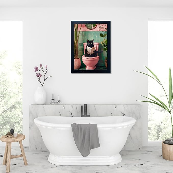 Black Cat Bathroom Wall Art Pink Toilet Decor Funny Canvas Print Artwork for Woman Girls Bathroom