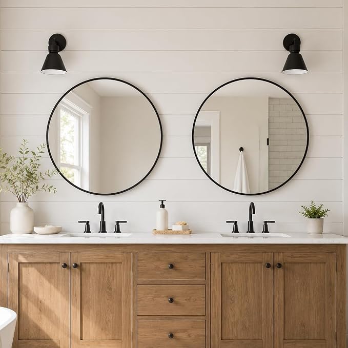 2 Pack 24 Inch Round Bathroom Mirrors for Over Sink | Circle Mirror with Metal Frame, Black Wall Mirror Modern Decoration for Vanity, Entryway, Living Room, Hallway and Bedroom