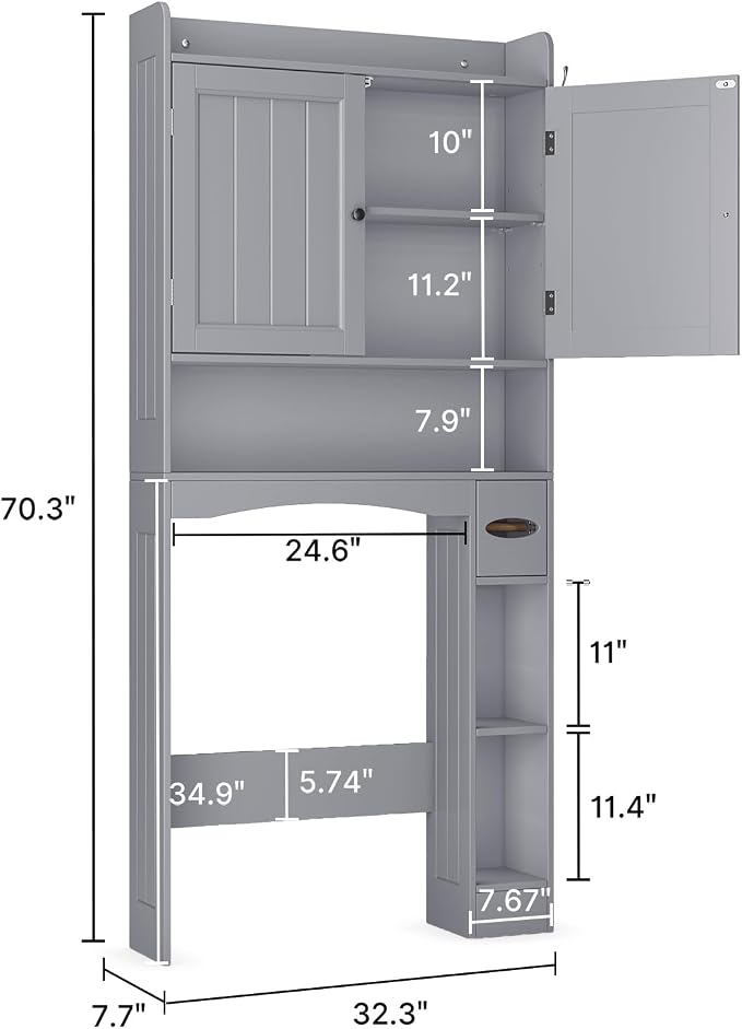 Over The Toilet Storage Cabinet, 32.3" W, Espresso | Over Toilet Bathroom Organizer with Doors, Adjustable Shelves, Toilet Paper Holder, 2 Side Hooks, for Bathroom, Laundry