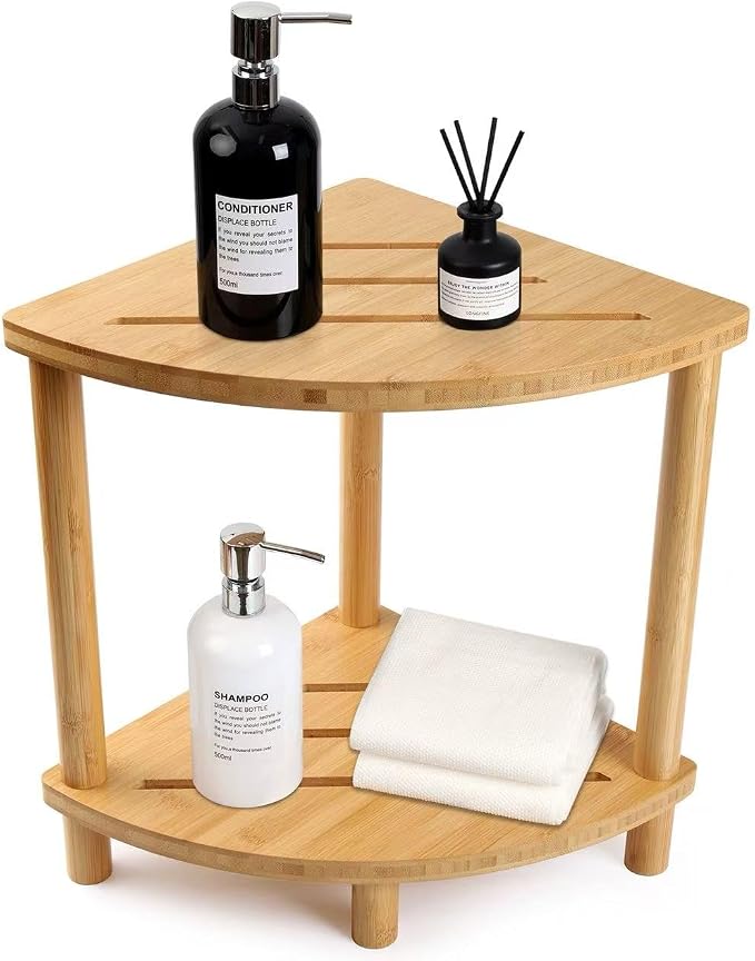 Bamboo Shower Stool for Inside Shower 2-Tier,Corner Shower Bench | Waterproof,Shower Foot Rest with Storage,Space-Saving,Bath Stool For Shaving Leg,Shower Shelves,Shower Caddy,Easy to Assemble