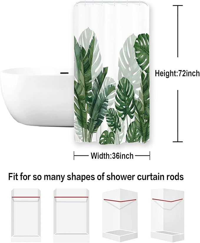 Baccessor Tropical Green Plant Shower Curtain Waterproof Washable Fabric Summer Bathroom Decor Botanical Banana Monstera Leaf Palm Tree Shower Curtain with Hooks 36 W X 72 L Inch