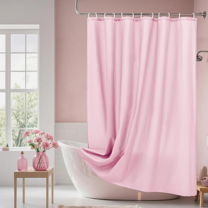 AooHome Extra Long Shower Liner, Polyester Solid Color Shower Curtain with Hooks, Weighted Hem, Water Repellent, 72x84 inch, Pink