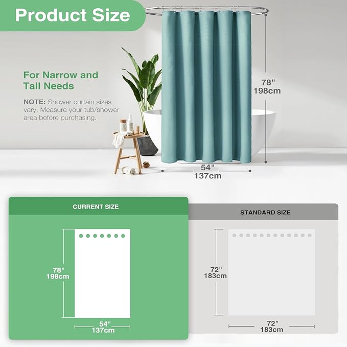 Stall Waffle Shower Curtain 256 GSM Heavy 54"x78" Teal/Turquoise | 54 x 78 Inch Long, Thick Polyester Cloth, Weighted Hem, Water Repellent, Washable, Hotel Bathroom Shower Curtain Set 10 Hooks