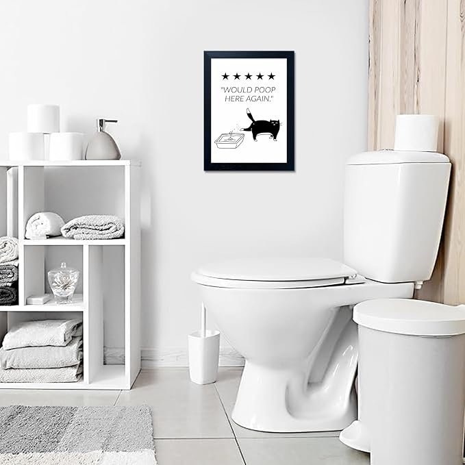 Framed Black and White Cat Bathroom Wall Art Would Poop Here Again Bathroom Sign Funny Bathroom Wall Decor Minimalist Cute Cat Canvas Print Painting Artworks for Home