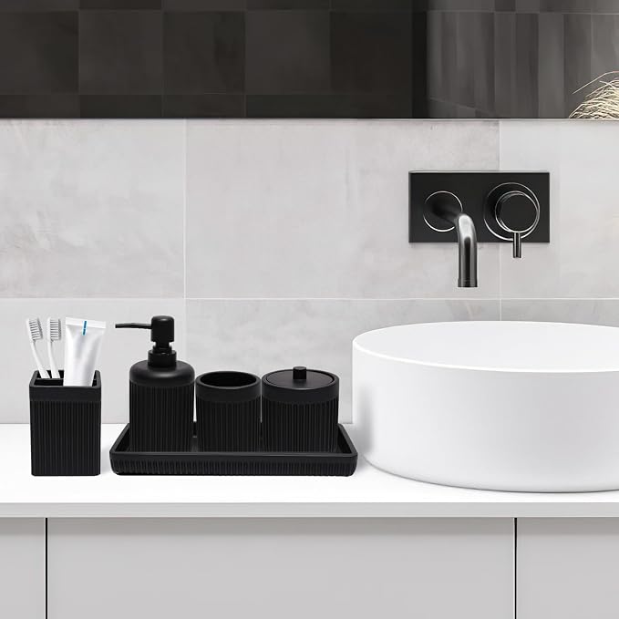 XLHOMO Resin Matte Black Bathroom Accessories Set 5 Pcs, Lotion Soap Dispenser, Toothbrush Holder, Bathroom Tumbler, Qtip Holder and Vanity Tray, Bathroom Countertop Organizer Set for Home Apartment