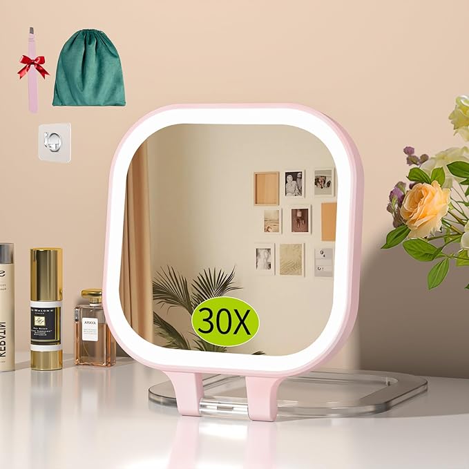 FUNTOUCH Rechargeable 7" Travel Makeup Mirror 30X Magnification,Pink | Double Sided Magnifying Mirror with Tweezers/Hook/Bag, 3 Color Lights & Adjustable Brightness, 300°Rotation , Gift for Women
