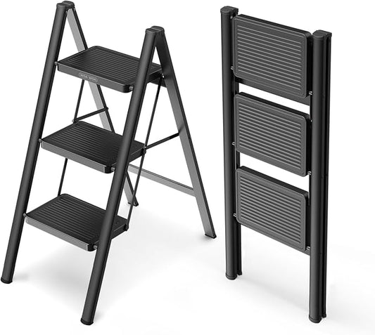 3 Step Foldable Step Stool, 330lbs Load, Black | Folded 36'' H x 2'' T; Net 9.9 lbs; Anti-Slip Feet Grip Wood, Tile, Carpet; Wide Pedals; For Kitchens, Closets.