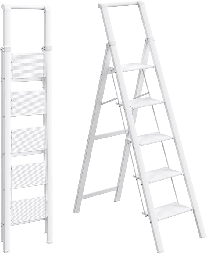 HBTower 5 Step Ladder, Lightweight Aluminum Folding Step Stool | Anti-Slip Wide Pedal, 330lbs Capacity Step Ladder for Household Kitchen Office, White