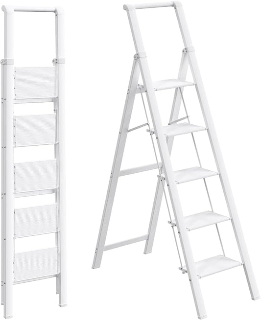 HBTower 5 Step Ladder, Lightweight Aluminum Folding Step Stool | Anti-Slip Wide Pedal, 330lbs Capacity Step Ladder for Household Kitchen Office, White