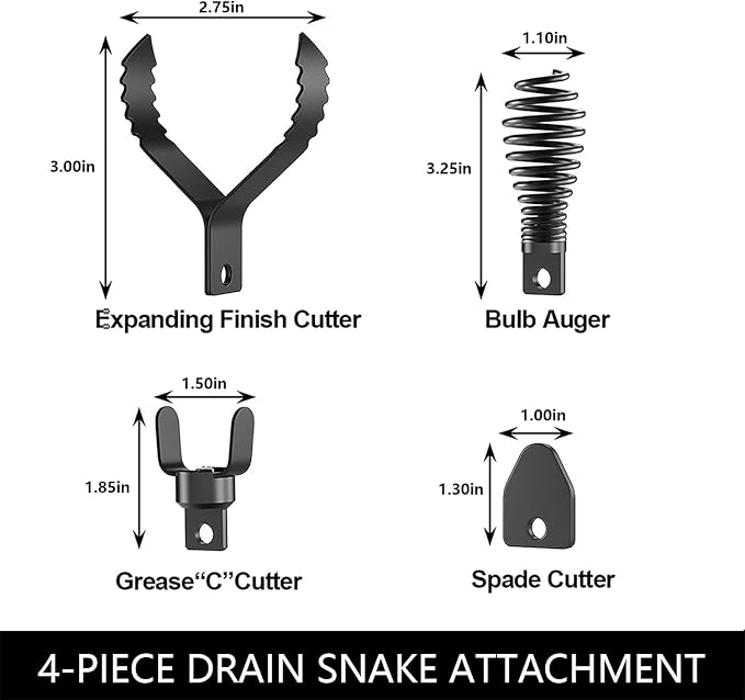 4-Piece Drain Snake Attachment Replacement Cutters-Boring Bulb Cutter,C-Cutter,Spade Cutter,Arrow Cutter-Compatible with 50FT-100FT Drain Snake for 1-4“ Pipe