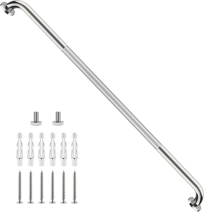 ZUEXT 48 Inch Poilished Chrome Anti Slip Shower Grab Bar with Knurled Grip | Extra Long Handicap Grab Bar for Wall, Stainless Steel Bathroom Handrail, Safety Support Bar for Seniors Elderly, 1.25" Dia