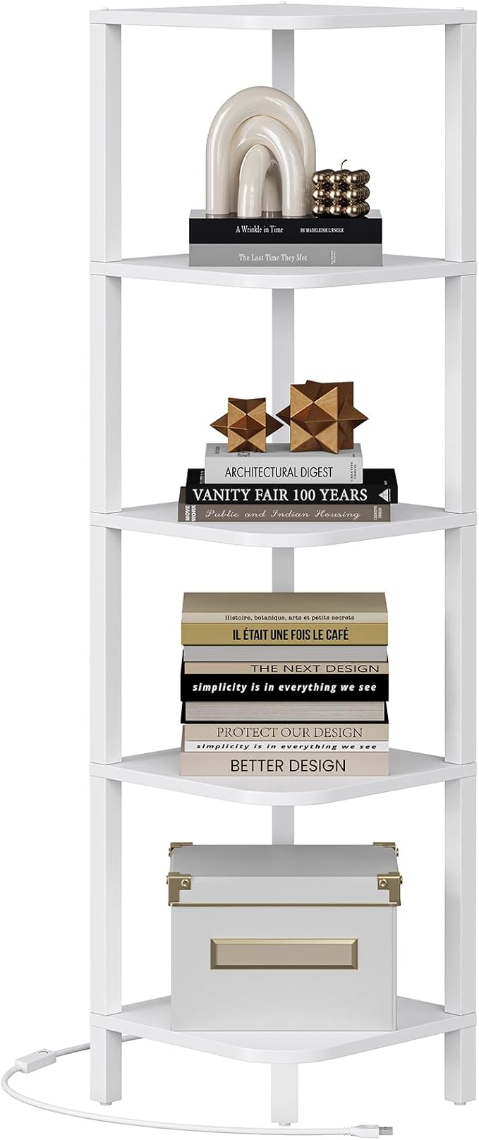 TUTOTAK Corner Shelf with LED Light, 5-Tier Corner Bookshelf | for Small Space, Narrow Display Corner Shelf Stand with Storage Rack, for Living Room, Bedroom, White BS08BW005L
