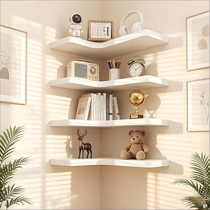 Floating Corner Shelves, Wall Shelf Set of 4, Shelves for Wall Storage, Solid Wood Shelves for Storage, Wall Mount Wooden Display Shelf for Bathroom Bedroom Kitchen Garage (White 4 Pcs)