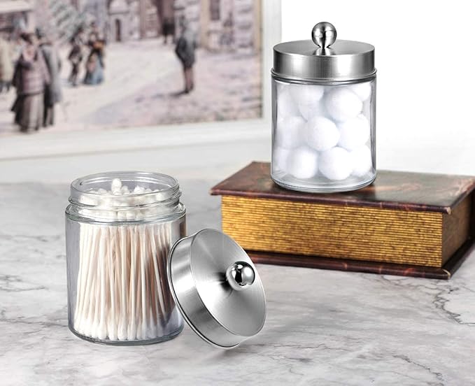 Amolliar Glass Apothecary Jar Qtip Holder Metal Lids 4pc/Brushed Nickel | Bathroom Decor Countertop Vanity Storage Organizer Set for q tip holder,Cotton Swabs/Rounds,Makeup Sponges,Cute Stickers