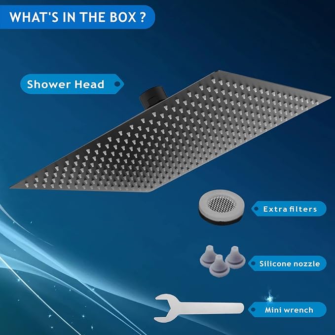 Voolan Oversize Rain Shower Head - High Flow Square Rainfall Showerhead - Waterfall Full Body Coverage - Universal Ceiling or Wall Mount (16 Inch, Matte Black)