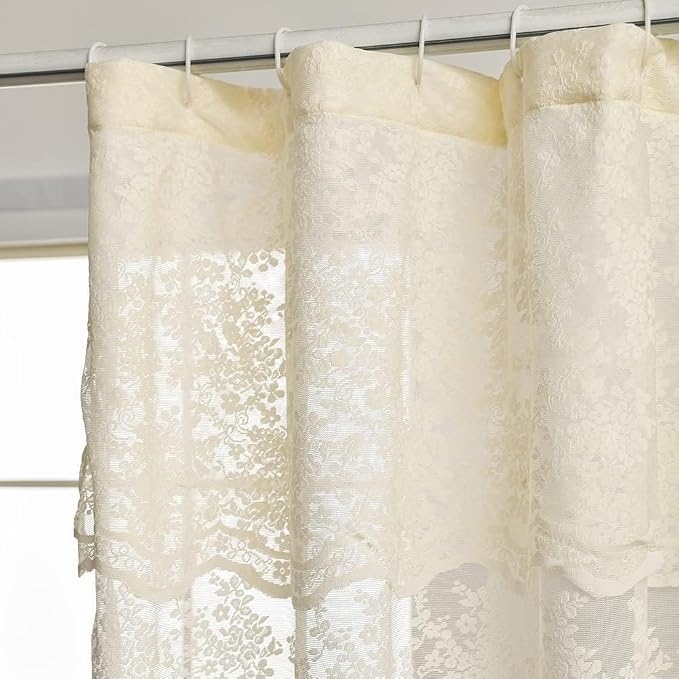 Ivory Cream Lace Shower Curtain 84 Inches Long with Attached Valance, 72x84 | Vintage Floral Lace with Scalloped, Filters Soft Light for Elegant Shabby Chic Bathrooms with Tall tubs or Higher Rods