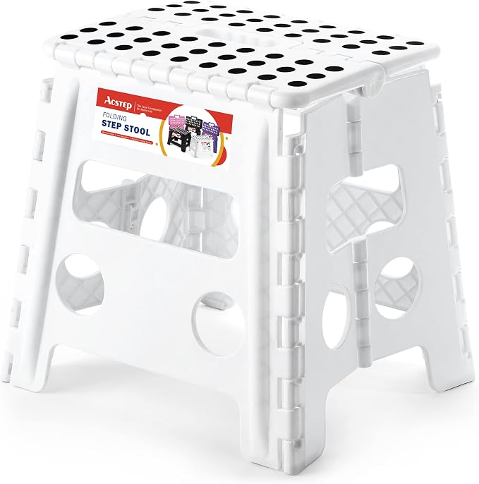 13 Inch Folding Step Stool, Holds 300 lb, for Adults and Kids, White | Heavy Duty Portable Collapsible Foot Stool, Non-Slip Surface for Kitchen Bathroom Bedroom Outdoor, Lightweight with Handle