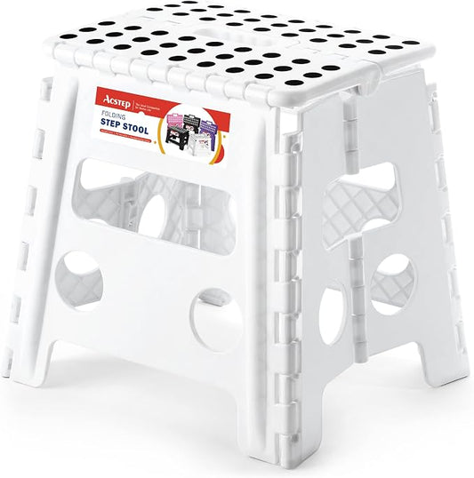13 Inch Folding Step Stool, Holds 300 lb, for Adults and Kids, White | Heavy Duty Portable Collapsible Foot Stool, Non-Slip Surface for Kitchen Bathroom Bedroom Outdoor, Lightweight with Handle