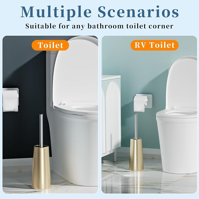 2 Pack Toilet Brush and Holder Set for Bathroom, Champagne Gold | Plastic Toilet Bowl Brush with 304 Stainless Steel Long Handle