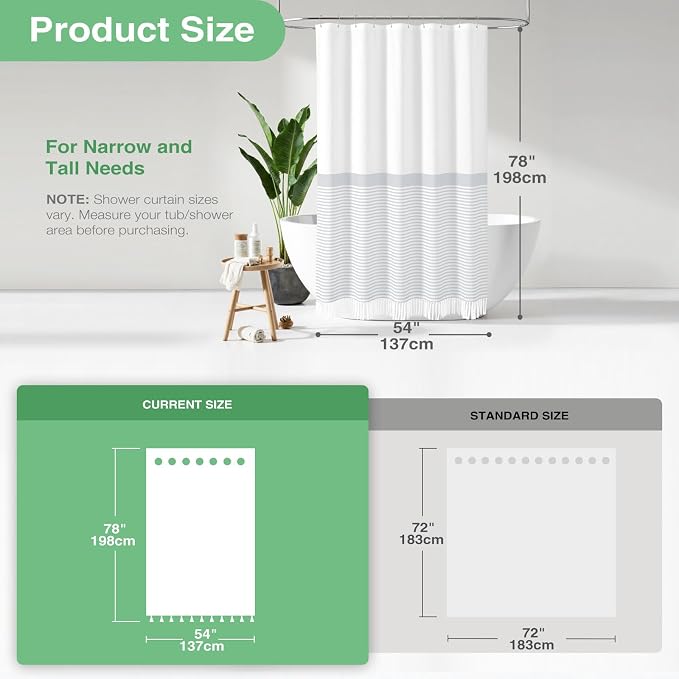 Stall Fabric Shower Curtain, 54x78 Modern Farmhouse Grey and White Boho Striped Cloth Shower Curtain with Tassels, Hotel Luxury Bathroom Shower Curtain Set with 10 Hooks, Grey, 54x78