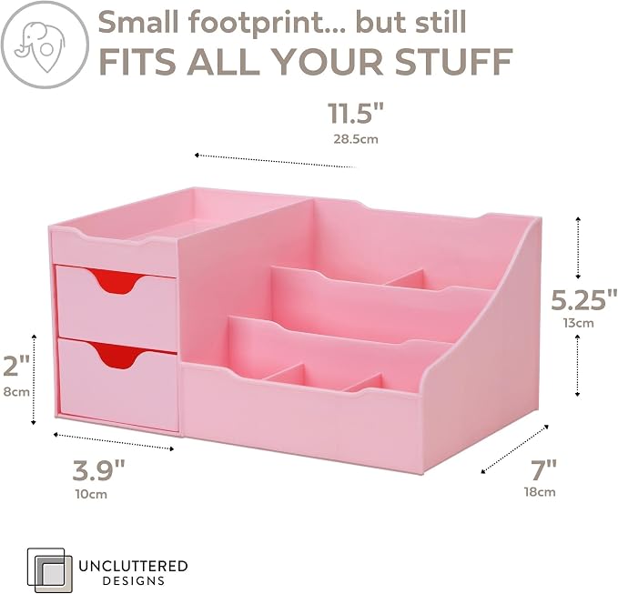 Makeup Organizer With Drawers - Cute Kawaii Countertop Storage for Cosmetics, Pretty Vanity Holder for Perfume, Skincare, Brush, Lipstick, Nail Polish and other Accessories (Pink)
