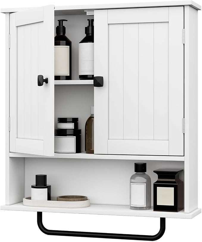 RRX Bathroom Cabinet Wall Mounted Medicine Cabinets with Towels Bar (White) | Over The Toilet Storage Cabinet with 2 Doors and Adjustable Shelf, White Wall Cabinet for Bathroom Laundry Kitchen