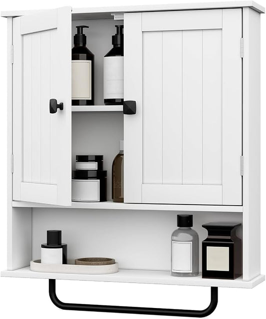 RRX Bathroom Cabinet Wall Mounted Medicine Cabinets with Towels Bar (White) | Over The Toilet Storage Cabinet with 2 Doors and Adjustable Shelf, White Wall Cabinet for Bathroom Laundry Kitchen