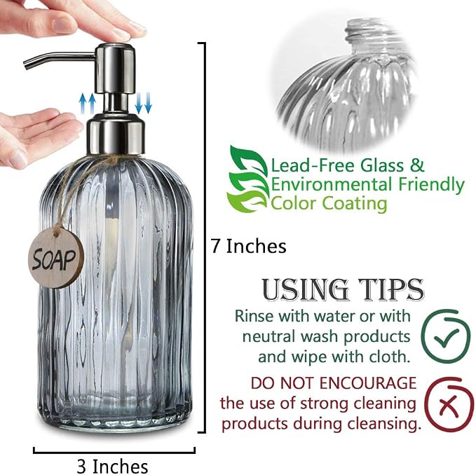 JASAI 18 Oz Kitchen Soap Dispenser with 304 Rust Proof Stainless Steel Pump | Refillable Liquid Soap Dispenser for Bathroom, Kitchen, Hand Soap, Dish Soap (Clear Grey)