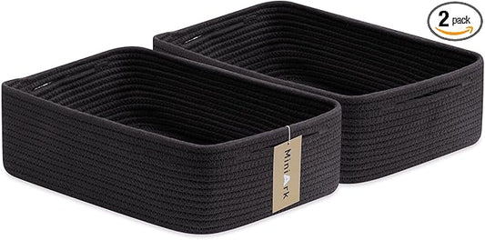 MiniArk Large Shallow Organizing Baskets 15x11x5.1 Inches - Rope Woven Storage Bins for Bathroom, Shelves, Cube Closet, Black 2 Packs