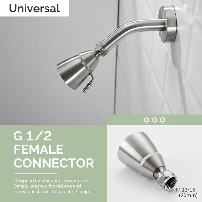 Angle Simple Shower Head High Flow, Brass Shower Sprayer, Brushed Nickel | G 1/2 Thread Type, High Pressure for Quick Rinsing, Swivel Joint & Adjustable Lever for Different Angle and Water Flow