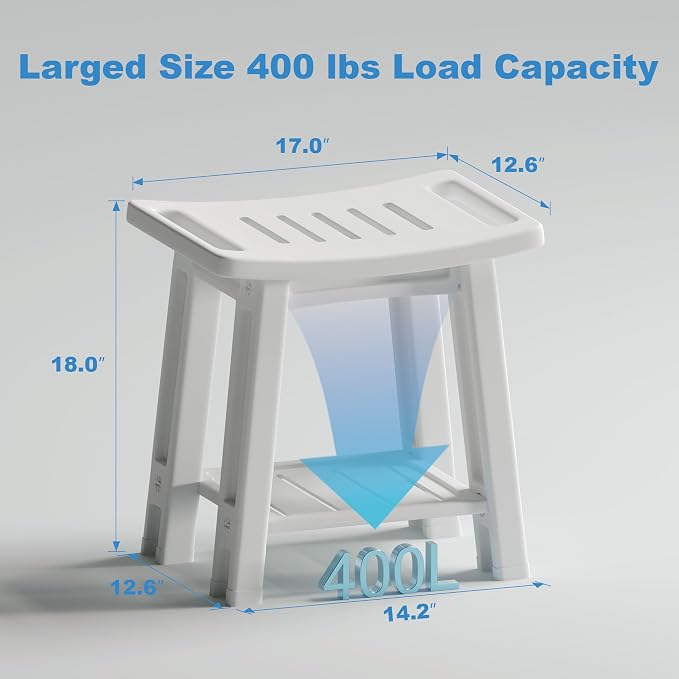 Shower Chair for Inside Shower, Shower Stool with Anti-Slip Foot Covers hold 400 lbs, HDPE Bath Seat with Bottom Storage Rack & Portable Armrest, Bench Chair for Adults, Elderly & Disabled, Light Gray
