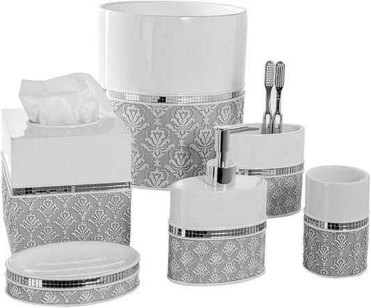 Creative Scents Mirror Damask 6 Piece Resin Bathroom Accessories Set | Includes Trash can, Tissue Box Cover, Soap Dispenser, Toothbrush Holder, Tumbler Cup & Soap Dish