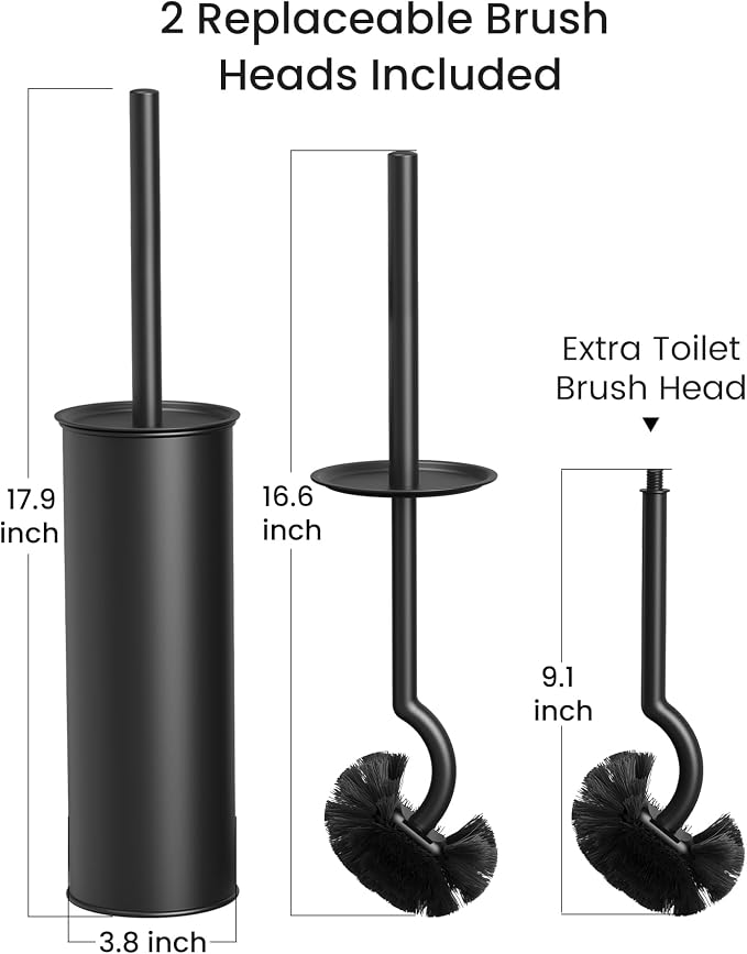 Cesun 304 Stainless Steel Toilet Brush and Holder Set, 2 Brush Heads, Black | S-Shaped Deep Cleaning, Scratch-Free Nylon Bristles, Long Handle & Splash Guard, Replaceable Brush Head