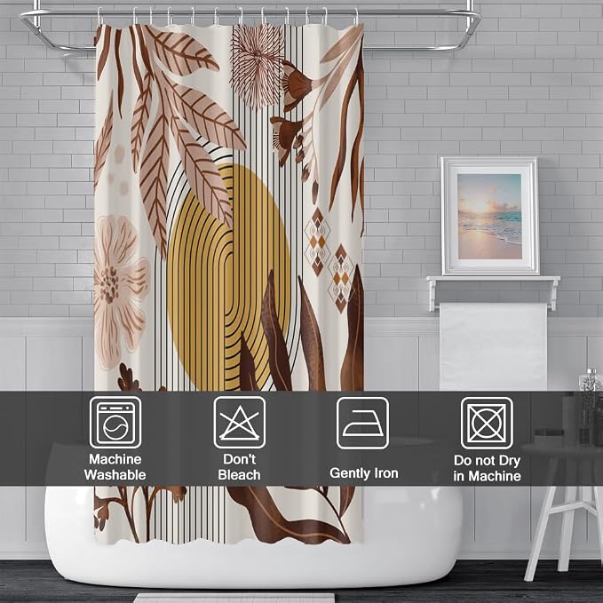 Boho Brown Shower Curtain for Bathroom 72x72 Inch | Waterproof Abstract Tan Floral and Leaves Shower Curtain Set with Hooks, Mid Century Bathroom Decor