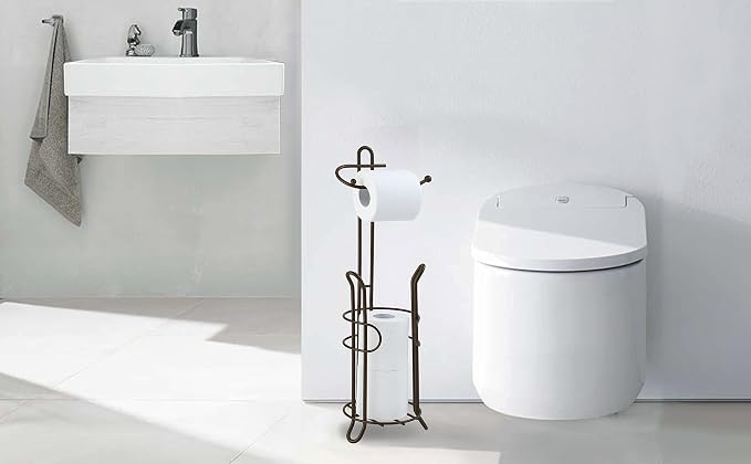 SunnyPoint Freestanding Toilet Paper Holder with Storage – Holds 3 Spare Rolls, Heavy-Duty Steel, Oil Bronze Finish, Easy Assembly, Space-Saving Bathroom Organizer