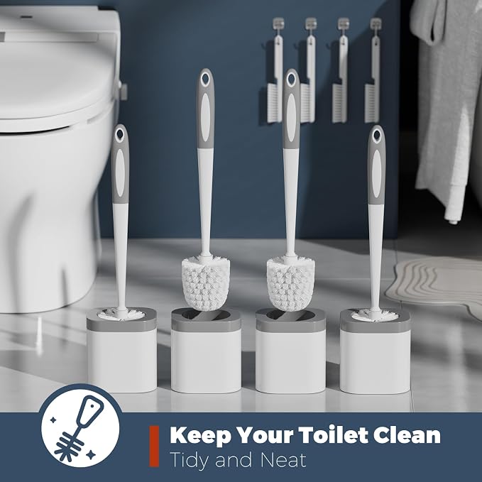 Holaloha Toilet Brush and Holder Set, Space Saving, 4 Pack, White | Bathroom Accessories, Ergonomic Silicone Handle, Dense Bristles, Deep Cleaning, with 4 Crevice Brushes, Compact Design