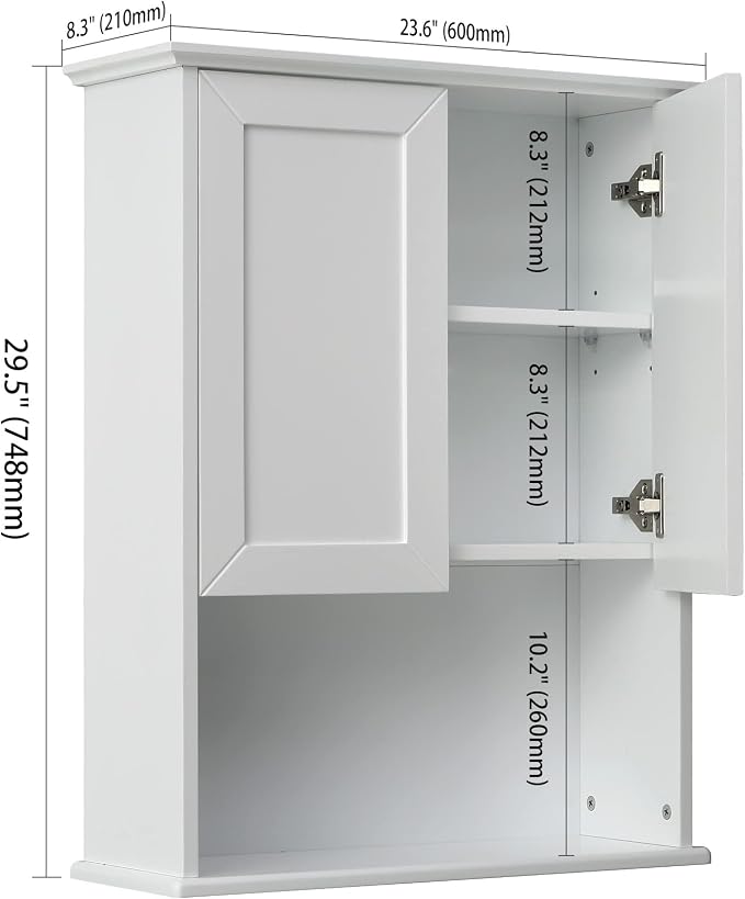 VANIRROR Bathroom Wall Medicine Cabinet with Soft-Close Buffering Hinges | Over Toilet Storage Cupboard Adjustable Shelves & Hidden Handles, 23"x29" White MDF Cabinet for Laundry Room, Kitchen