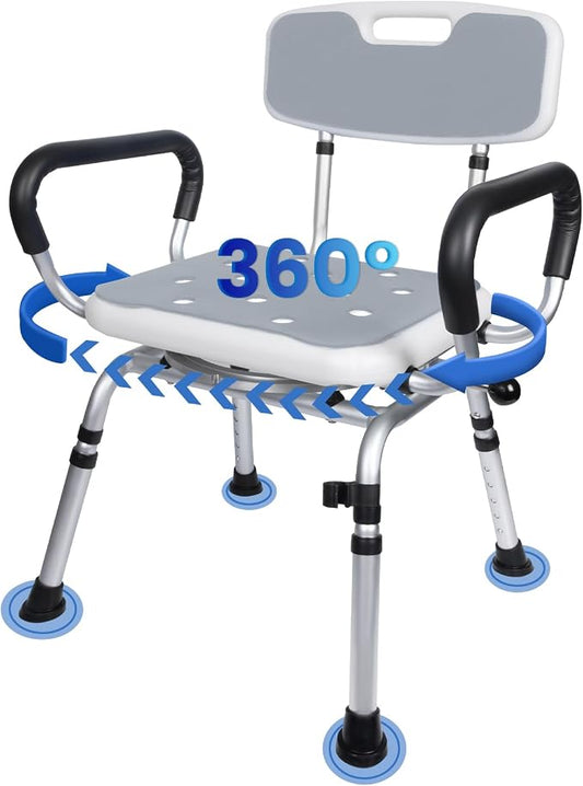 Swivel Shower Chair 500lbs Heavy Duty Adjustable Arms & Back 360° Rotating | SSlip-resistant Rubber Feet Easy-clean Tool-free Install Ergonomic Wide Seat Built-in Drainage Holes 5 Height Settings