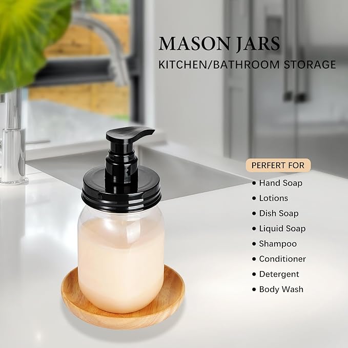 Amolliar Plastic Mason Jar Soap Dispenser with Pump Lid 16OZ, 3 Pack | Refillable BPA-Free Hand Soap Dispenser Set with Cute Lables, Farmhouse Decor for Kitchen Bathroom Liquid Dish Soap Lotion