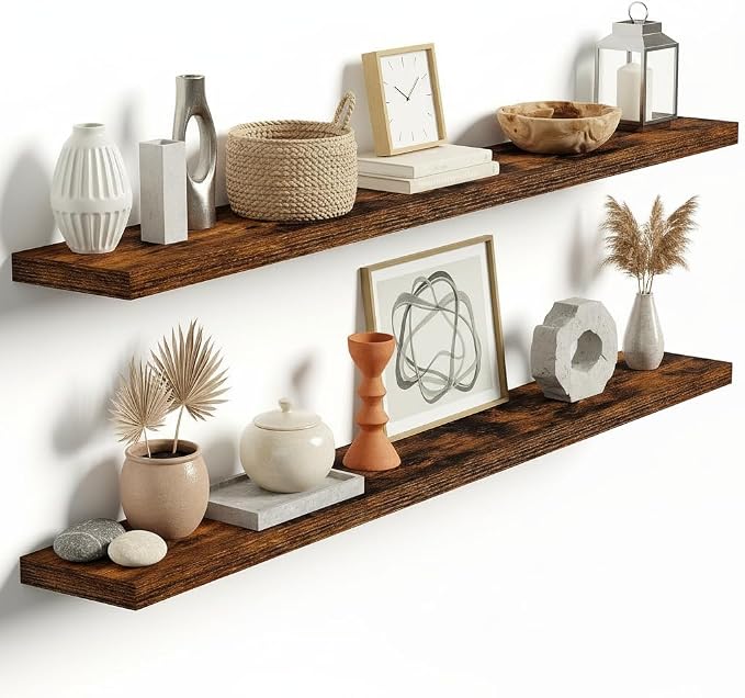 Vivelove Floating Shelves 9 inch Deep 55”Long Set of 2, Rustic Brown | Easy Install With Hardware, 1.5" Thick, Invisible Brackets, Wall Mounted, No Sagging, For Any Room