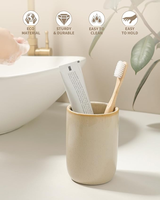 BosilunLife Ceramic Toothbrush Holder (Greige, Cylinder)