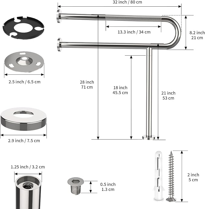 Toilet Grab Bar 32 Inch with Leg, YuanDe Chrome Anti-Slip Toilet Handrail | Wall & Floor Mounted Stainless Steel Grab Bar, Knurled Handicap Support Rail for Elderly, Disabled, Pregnant