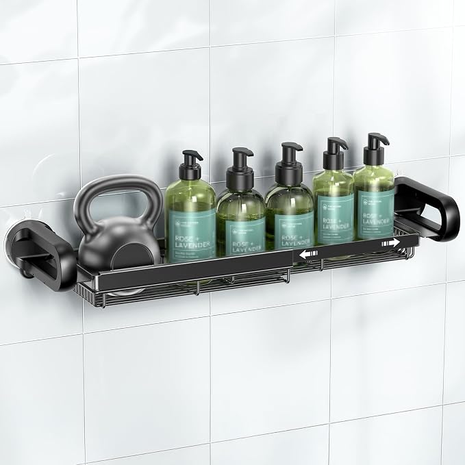 JOTPE Expandable Shower Caddy, No-Drill Suction Shower Shelf, Black | Expandable Shower Caddy with Strong Suction, No-Drill Installation and Spacious Storage for Shampoo, Soap and Bath Essentials